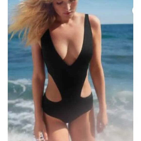 New! AllSisters rhombus one piece cutout black swimsuit,‎ size. M - Picture 1 of 11